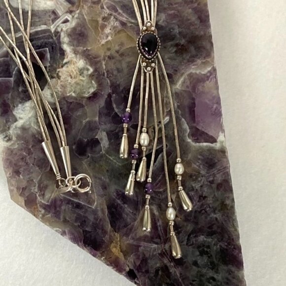 VTG Q.T. Sterling Carlisle Jewelry Amethyst Liquid Silver Tassel Y Necklace - Picture 5 of 16